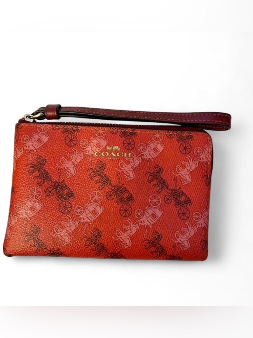 Coach Horse & Carriage Print Corner Zip Wristlet - Red/Pink (EUC)